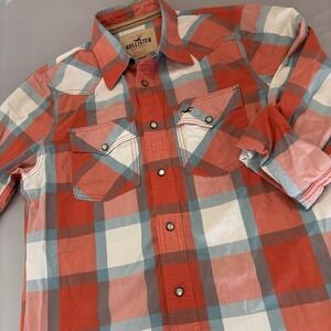 Hollister Mens Med Blue Plaid Pearl Snap Long Sleeve Button Up Shirt 100% Cotton